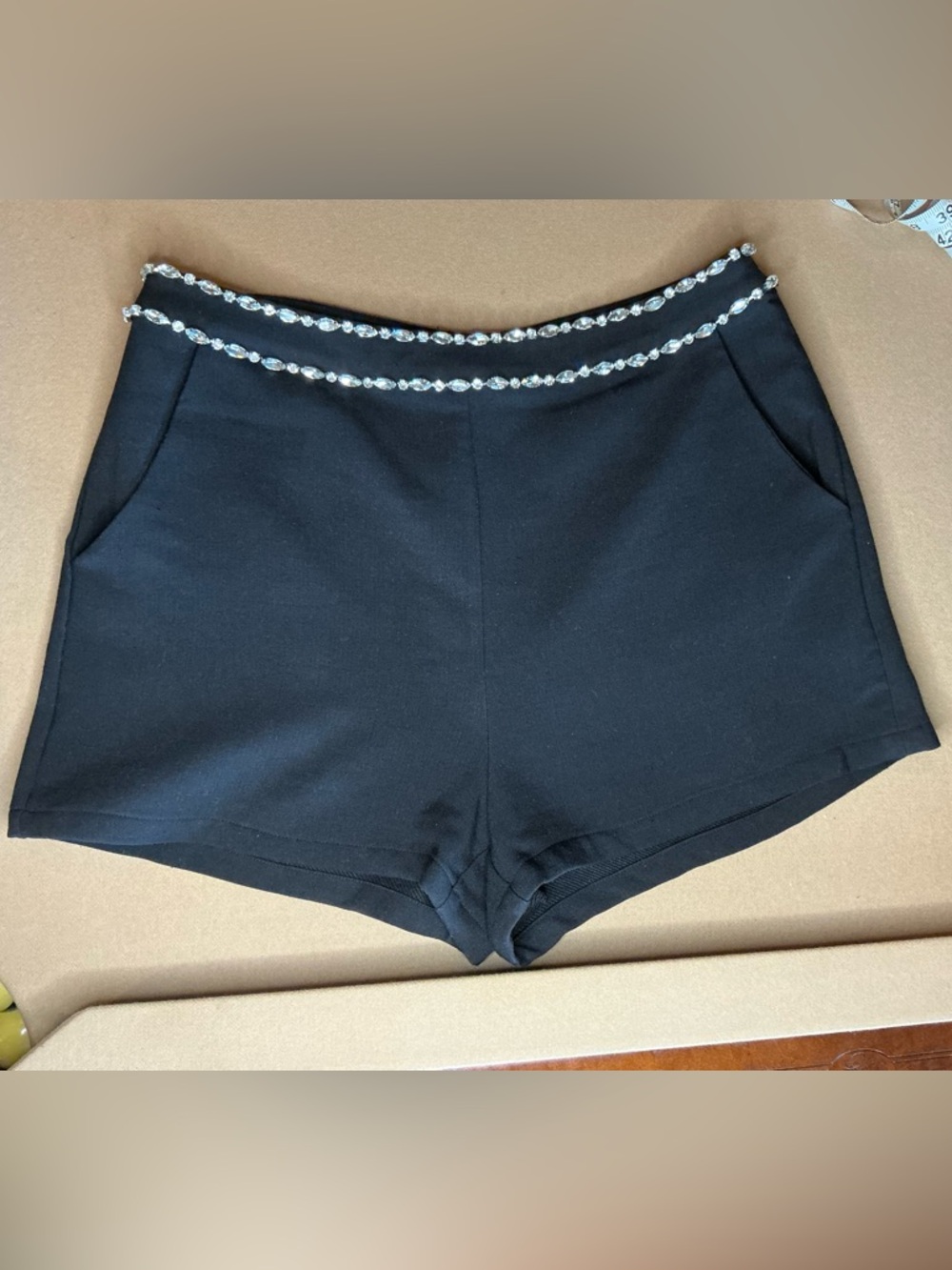 Black Women's dress Shorts with Rhinestone Waist Trim